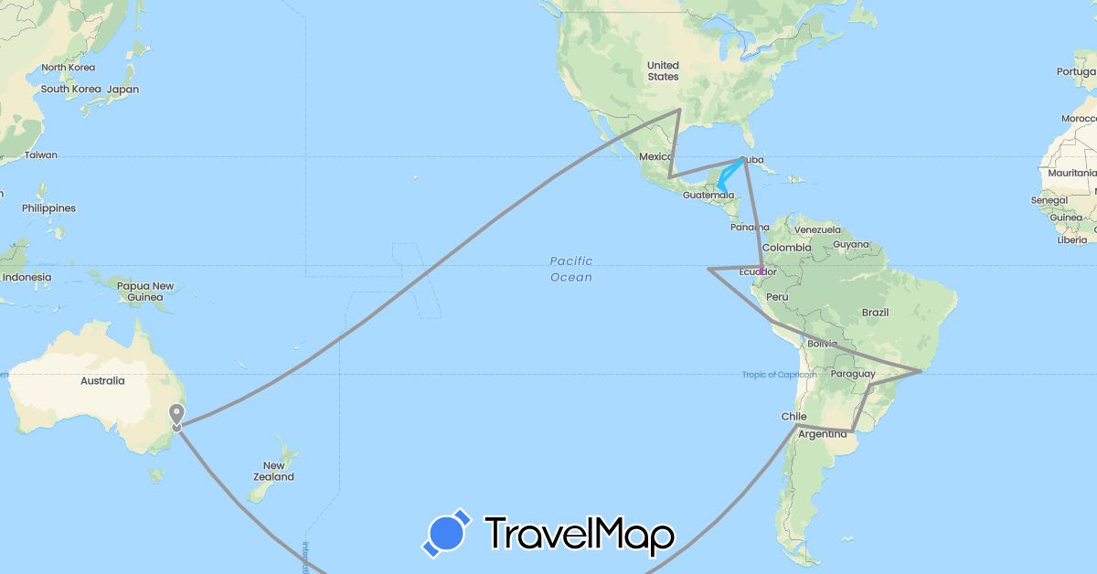 TravelMap itinerary: driving, plane, train, boat in Argentina, Australia, Brazil, Belize, Chile, Cuba, Ecuador, Honduras, Mexico, Panama, Peru, United States (North America, Oceania, South America)